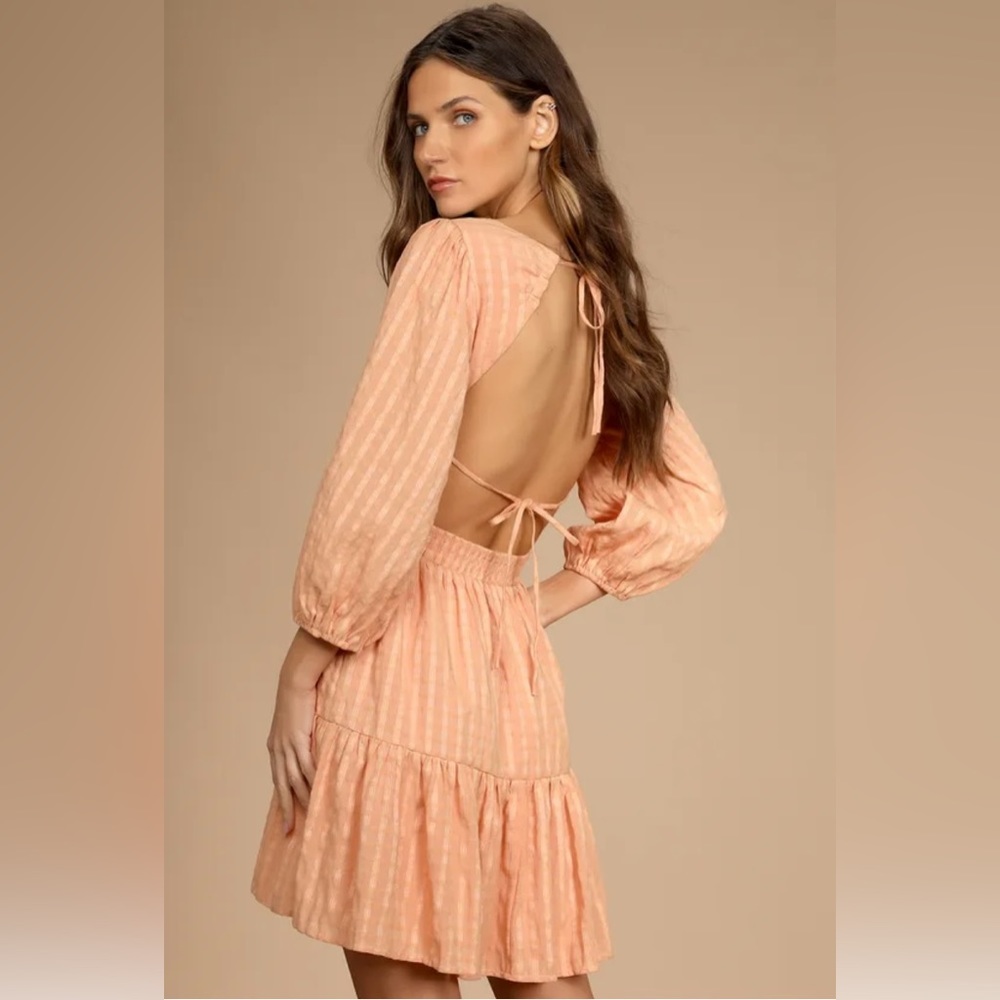 NWT Lulu’s Spring Equinox Light Orange Plaid Backless Mini Dress